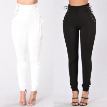 Fashion Solid Color Lace-up High Waist Skinny Pants