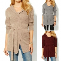 Fashion Solid Color Long Sleeve Hooded Knit Cardigan with Waist Strap