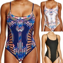 Sexy Backless Hollow Out Printed One-piece Swimsuit