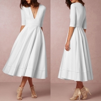 Sexy Deep V-neck Half Sleeve High Waist Solid Color Dress  