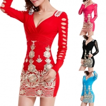 Sexy Deep V-neck Ripped Long Sleeve Printed Sheath Dress