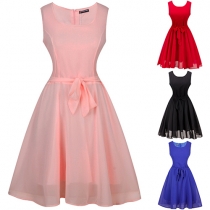 Elegant Solid Color Sleeveless Round Neck Chiffon Dress
