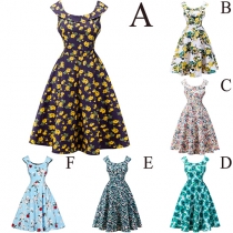 Fashion Sleeveless Round Neck High Waist Printed Dress