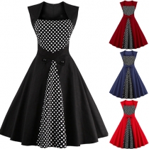 Retro Dots Printed Spliced Sleeveless Square Collar Dress