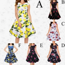 Retro Style Cap-sleeve V-neck High Waist Printed Dress
