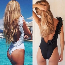 Sexy Backless 3D Ruffle Solid Color Bodysuit