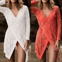 Sexy Deep V-neck Long Sleeve See-through Lace Bikini Smock