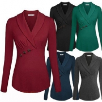 Fashion Solid Color Long Sleeve V-neck Slim Fit Tops 