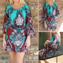 Bohemian Style 3/4 Sleeve Round Neck Printed Dress