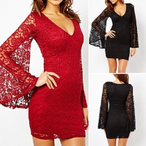 Sexy Deep V-neck Trumpet Sleeve Slim Fit Lace Dress