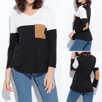 Fashion Contrast Color Long Sleeve V-neck T-shirt