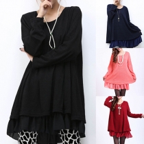 Fashion Solid Color Long Sleeve Round Neck Chiffon Spliced Hem Dress