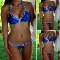 Sexy Contrast Color Printed Halter Bikini Set