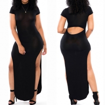 Sexy Hollow Out Slit Hem Short Sleeve Round Neck Maxi Dress