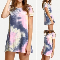 Fashion Tie-dye Printed Short Sleeve Round Neck T-shirt Dress
