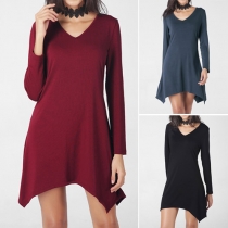 Fashion Solid Color Long Sleeve V-neck Irregular Hem Dress