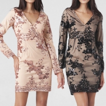 Sexy V-neck Long Sleeve Sequin Spliced Slim Fit Dress
