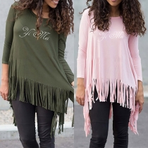 Fashion Letters Printed 3/4 Sleeve Irregular Tassel Hem T-shirt