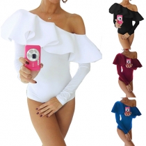 Sexy Off-shoulder Ruffle Solid Color Bodysuit