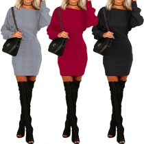 Fashion Solid Color Long Sleeve Boat Neck Slim Fit Dress