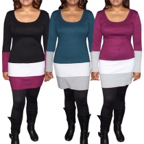 Fashion Contrast Color Long Sleeve Round Neck Slim Fit Dress