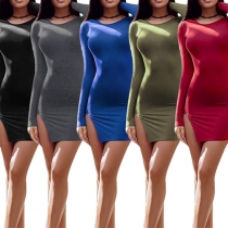 Fashion Solid Color Long Sleeve Round Neck Slit Hem Tight Dress