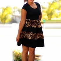 Fashion Leopard Spliced Short Sleeve Round Neck Parent-child Dress