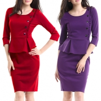 OL Style 3/4 Sleeve Round Neck Ruffle Solid Color Dress