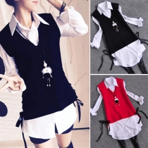 Fashion Long Sleeve Shirt + V-neck Vest Two-piece Set