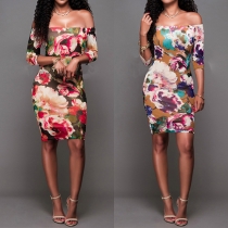 Sexy Off-shoulder Half Sleeve Slim Fit Printed Bodycon Dress