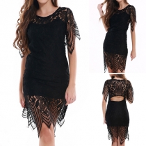 Sexy Hollow Out Lace Spliced Short Sleeve Irregular Hem Dress
