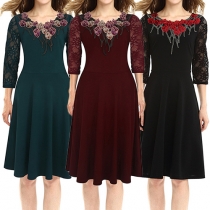 Fashion Lace Spliced 3/4 Sleeve Round Neck Dress
