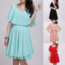 Fashion Solid Color Round Neck High Waist Chiffon Dress