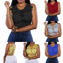Sexy Lace Spliced Sleeveless Round Neck See-through Gauze Bodysuit