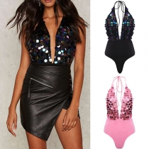 Sexy Backless Deep V-neck Sequin Spliced Bodysuit