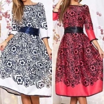 Retro Style Half Sleeve Round Neck Printed Dress with Waist Strap