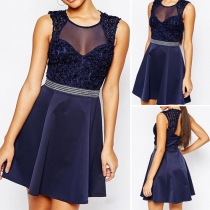 Sexy Backless Gauze Spliced Sleeveless Round Neck Dress