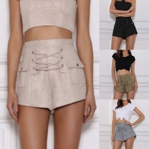 Fashion Solid Color High Waist Bandage Shorts