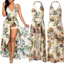 Sexy Deep V-neck Long Sleeve Slit Hem Printed Rompers