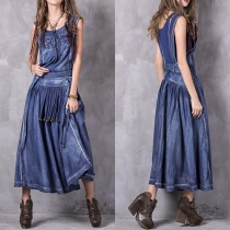 Retro Style Sleeveless Round Neck Tassel Denim Maxi Dress