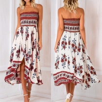 Sexy Strapless Slit Hem Printed Dress