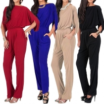 Elegant Solid Color Half Sleeve Round Neck Jumpsuits