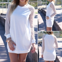 Fashion Mesh Spliced Long Sleeve Round Neck Dress