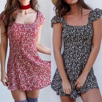 Sexy Backless Lotus Sleeve Square Collar Printed Dress