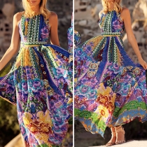 Sexy Backless Slit Hem Sleeveless Printed Maxi Dress