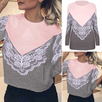 Fashion Contrast Color Long Sleeve Round Neck Lace Spliced T-shirt