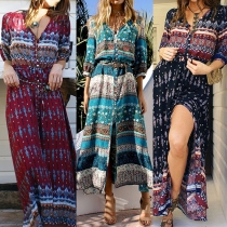 Fashion Bohemian Printed V-neck Single-breasted Maxi Dress 