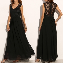Sexy Lace Spliced Sleeveless V-neck Chiffon Maxi Dress