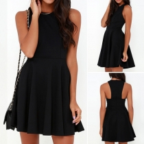 Fashion Solid Color Sleeveless Round Neck High Waist Dress