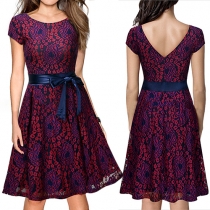 Sexy Backless Short Sleeve Round Neck Printed Lace Dress